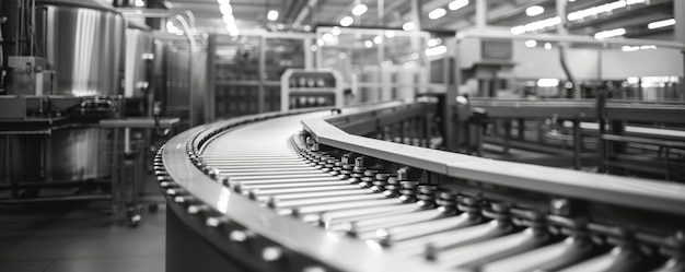 Photo black and white photo of an advanced industrial conveyor belt system in a modern factory