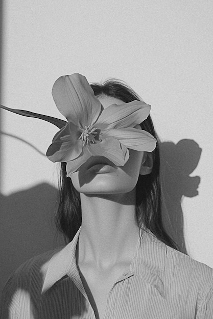 Photo black and white photo aesthetic young woman hides face with flower in sunlit beige