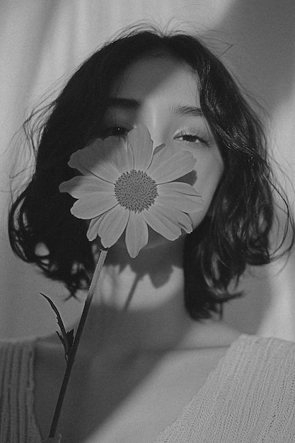 Photo black and white photo aesthetic young woman hides face with flower in sunlit beige