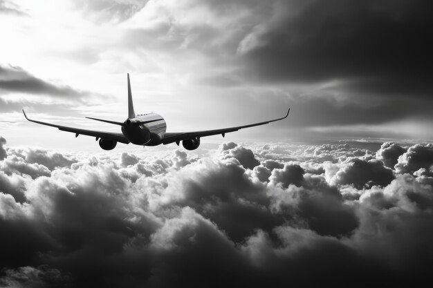 Photo a black and white photo of an airplane flying through the clouds the airplane is in the center