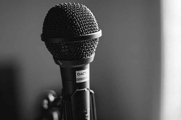 Photo black and white photo of an audio microphone on stand isolated on solid background