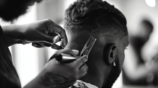 A black and white photo of a barber giving a man a haircut The barber is using a comb and scissors to cut the mans hair