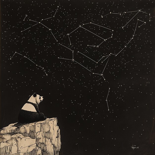 Photo a black and white photo of a bear sitting on a ledge with the stars in the background