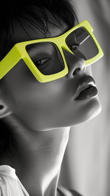 Black and white photo of a beautiful woman in neon sunglasses