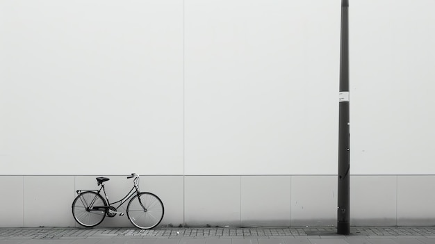 Black and white photo of a bicycle leaning against a wall with a lamppost in the background