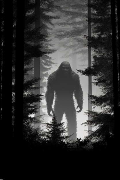 A black and white photo of a bigfoot in the woods generative ai