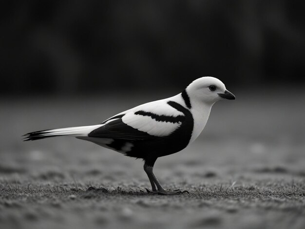 a black and white photo of a bird with a black and white face