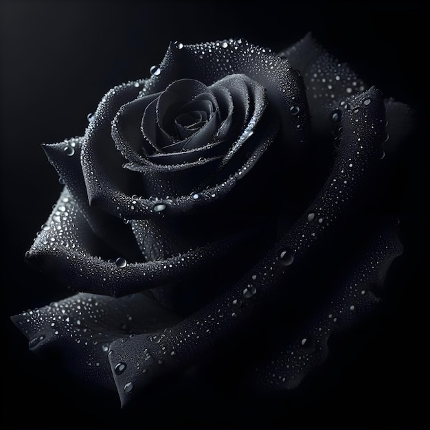 a black and white photo of a black rose with water drops