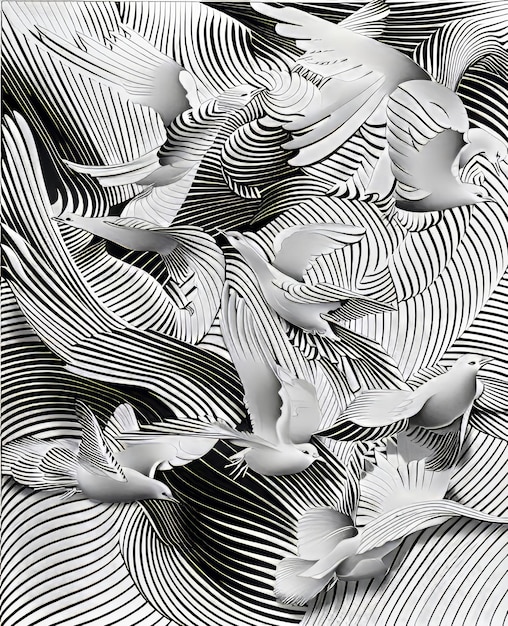 a black and white photo of a black and white pattern with the white birds