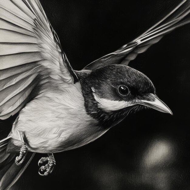 Photo black and white photo of a blackheaded chickadee bird