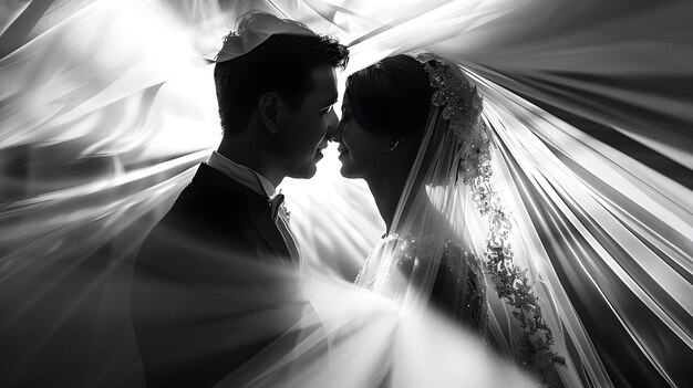 Photo black and white photo of a bride and groom behind a transparent curtain