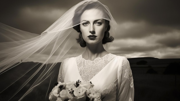 a black and white photo of a bride with a veil on her head.