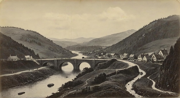 a black and white photo of a bridge over a river