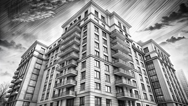 a black and white photo of a building with balconies and balconies