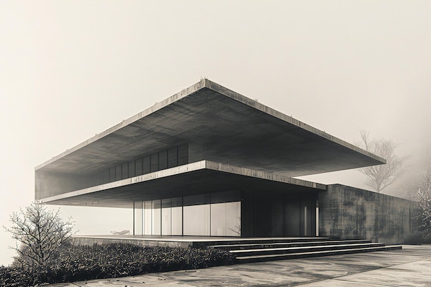 a black and white photo of a building with a concrete roof