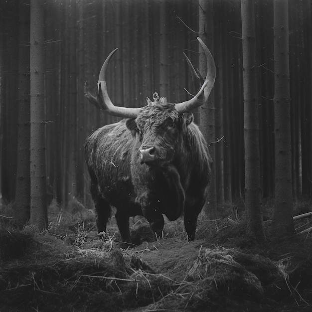 Photo a black and white photo of a bull standing in a forest