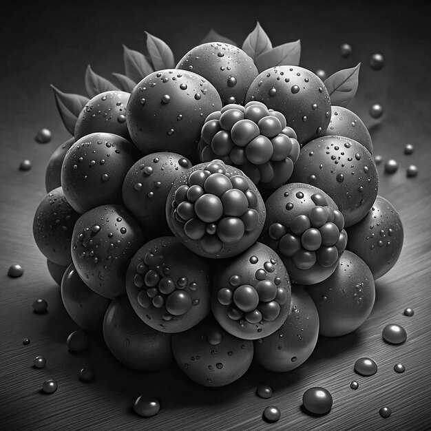 a black and white photo of a bunch of berries on a table