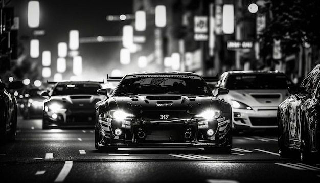 A black and white photo of car driving down busy street generative ai