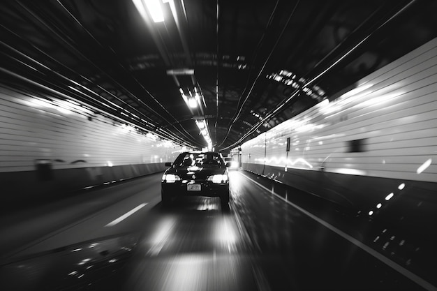 A black and white photo of a car driving through a tunnel with a fast shutter speed