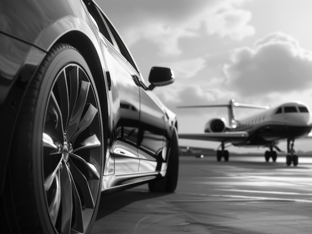 A black and white photo of a car and a plane in the same frame with the sun setting behind