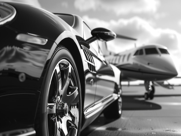 A black and white photo of a car and a plane silhouetted against the sky