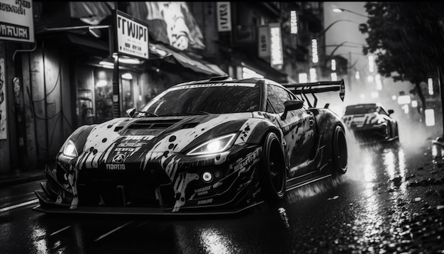 A black and white photo of car in the rain generative ai