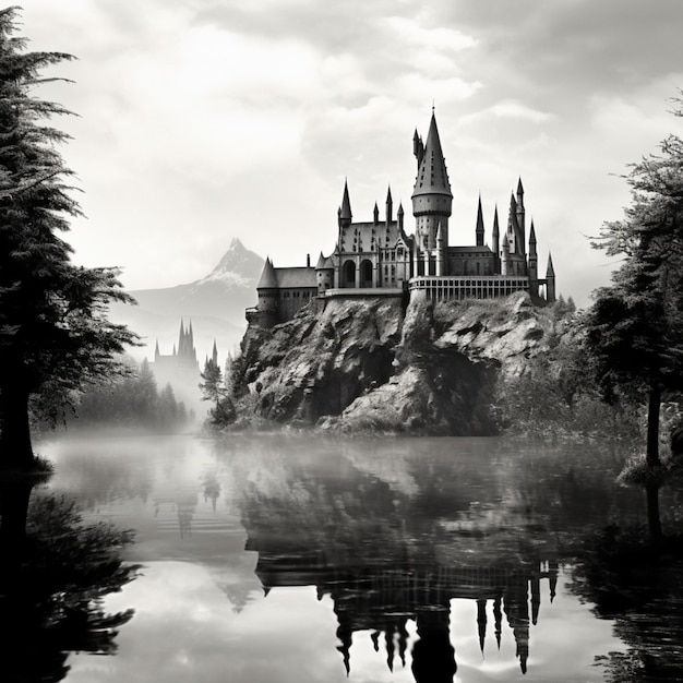 a black and white photo of a castle on a mountain with a lake generative ai