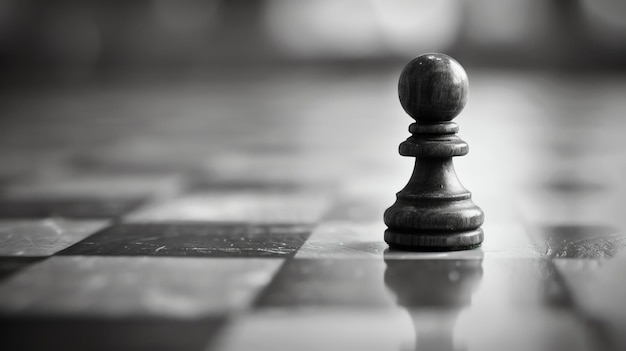 A black and white photo of a chess pawn on a chessboard The pawn is in the foreground and is in focus