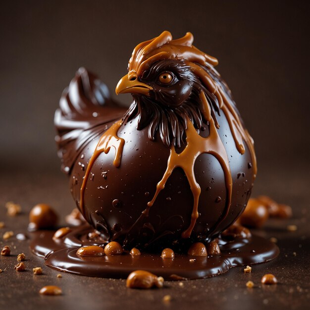 a black and white photo of a chicken with chocolate sauce on it