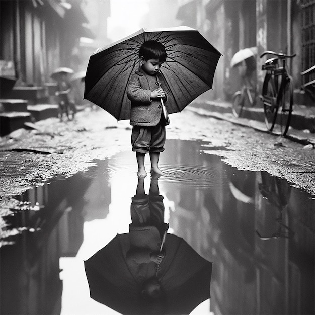 a black and white photo of a child holding an umbrella in a puddle of water