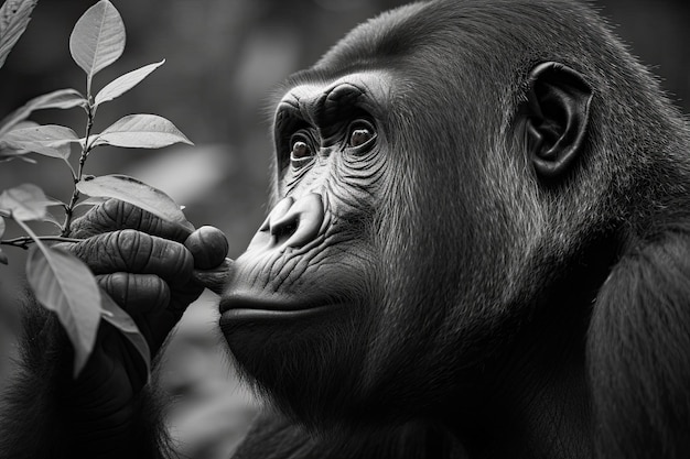 A black and white photo of a chimpanzee eating Generative Ai