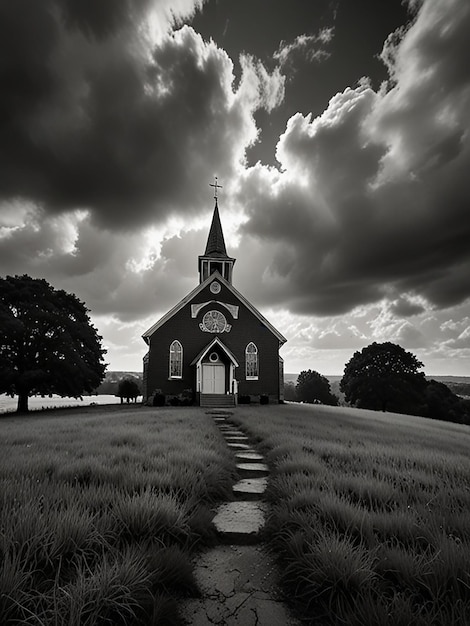 Photo a black and white photo of a church on a hill with a cloudy sky in the background