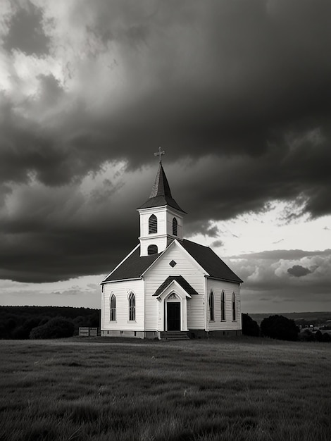 Photo a black and white photo of a church on a hill with a cloudy sky in the background