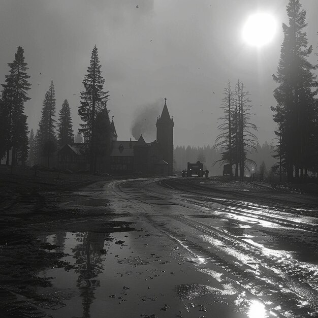 Photo a black and white photo of a church with a car parked in front of it