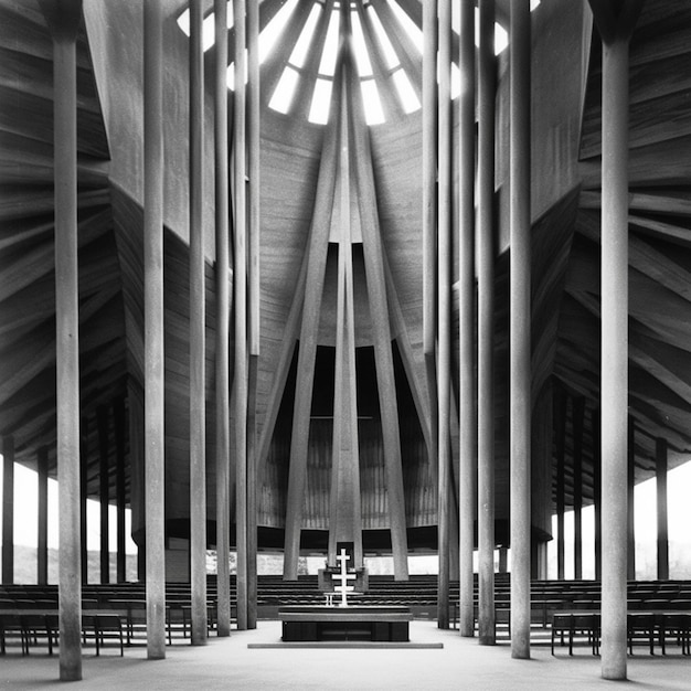 A black and white photo of a church with a large ceiling generative ai