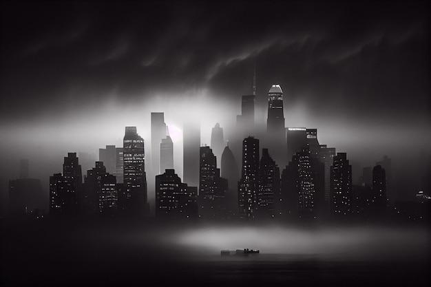 A black and white photo of a city skyline in the fog with skyscrapers in the distance and fog in the air with a dark sky in the background and a low layer of fog Generative AI