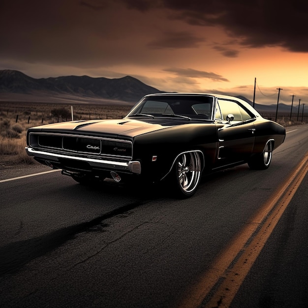 A black and white photo of a classic car driving down a road with mountains in the background