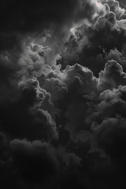 a black and white photo of clouds with the sun behind them