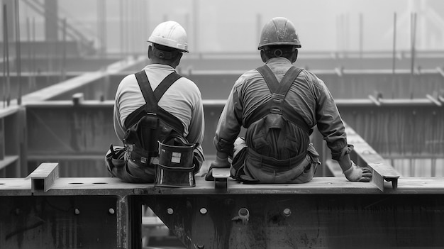 Photo black and white photo of construction workers conversing on steel beams