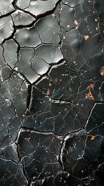 a black and white photo of a cracked surface with a black and white speckled surface