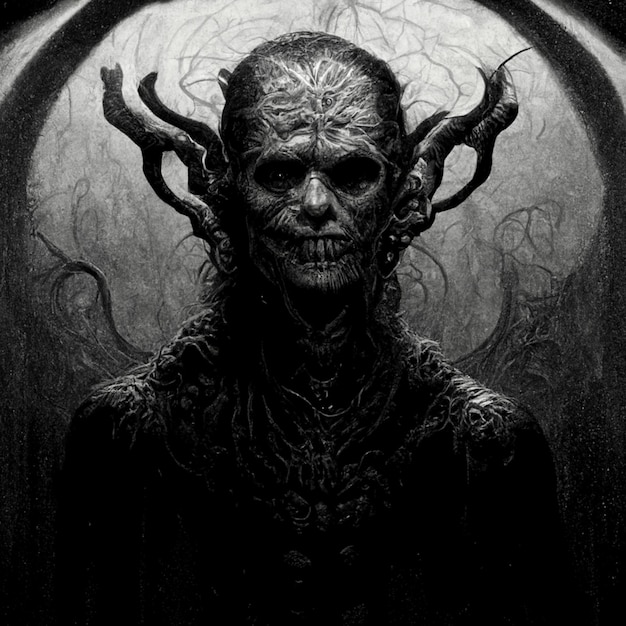 A black and white photo of a demonic looking man with horns generative ai