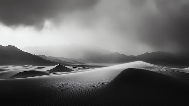 A black and white photo of a desert landscape with sand dunes and mountains in the distance