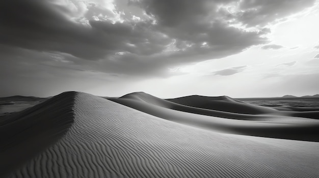 Photo a black and white photo of a desert landscape with sand dunes and mountains in the distance