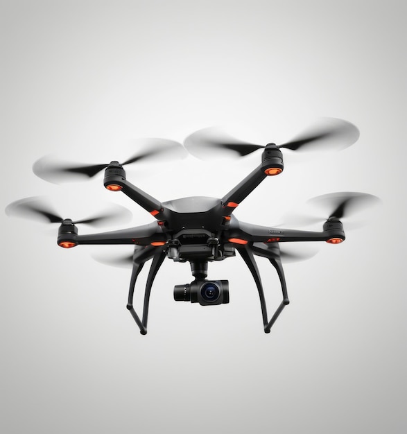 a black and white photo of a drone with the red lights on the bottom