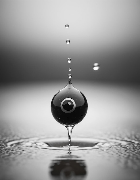 a black and white photo of a drop of water with the eye on it