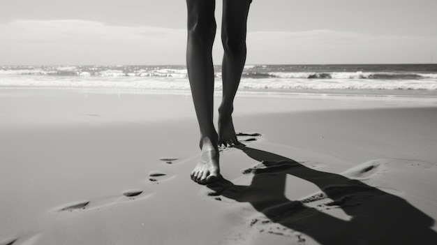 Black and white photo of feet on the beach Generative AI