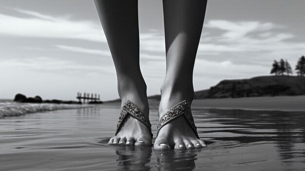 Black and white photo of feet on the beach Generative AI