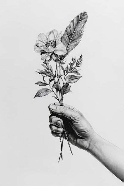 Photo black and white photo of a female hand holding a bouquet of dahlias