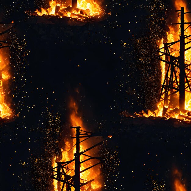 a black and white photo of a fire with a few poles in the foreground