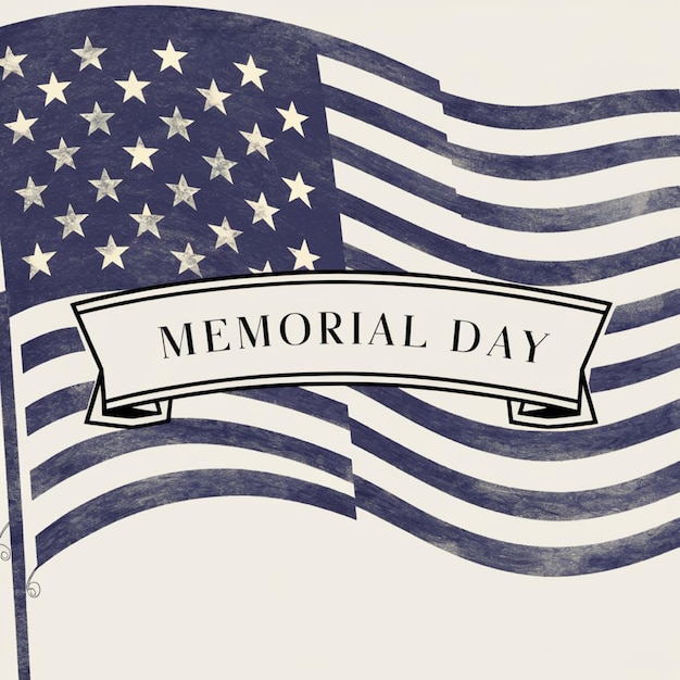 a black and white photo of a flag with a ribbon that says memorial day